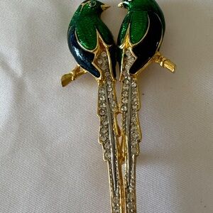 VINTAGE Birds Parrots Brooch 90's Green Enamel Pave Crystals Lovebirds